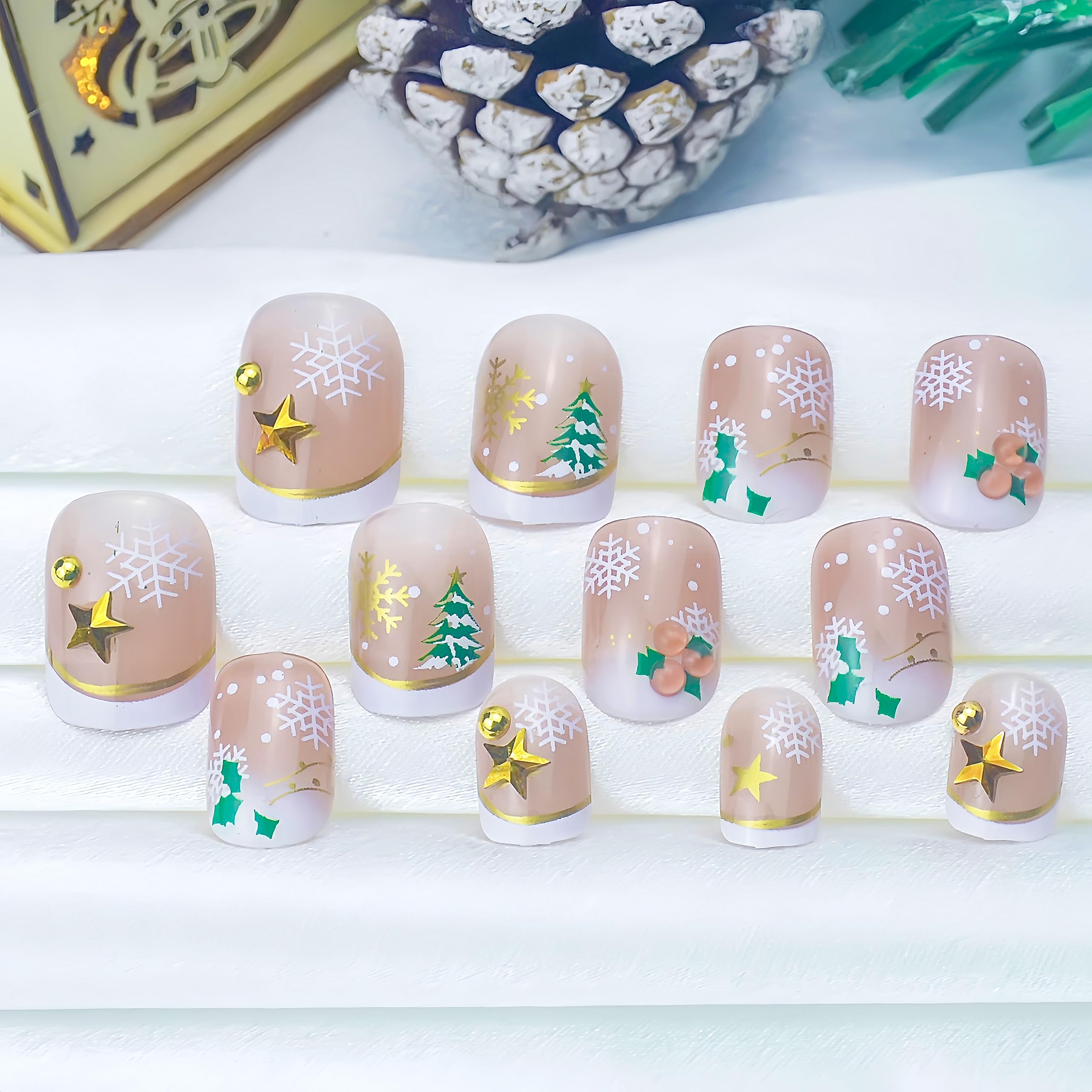 Christmas Press on Nails Short Square Fake Nails Christmas Red Fruit False Nails White French with Snowflake Christmas Tree Acrylic Nails Full Cover Stick on Nails for Women Party Nails Decor 24pcs - Image 3