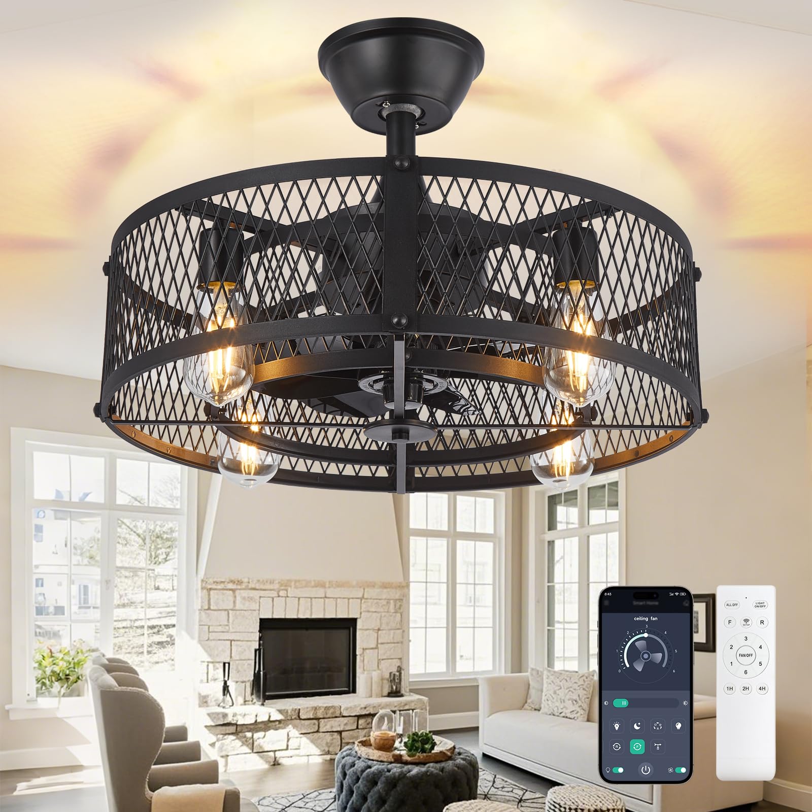Photo 1 of DLLT Caged Ceiling Fan with Light: 20" Farmhouse Fandelier with Lights and Remote & APP - Black Rustic Semi Flush Mount Bladeless Ceiling Fans Enclosed Fan for Bedroon Kitchen Living Dining Room