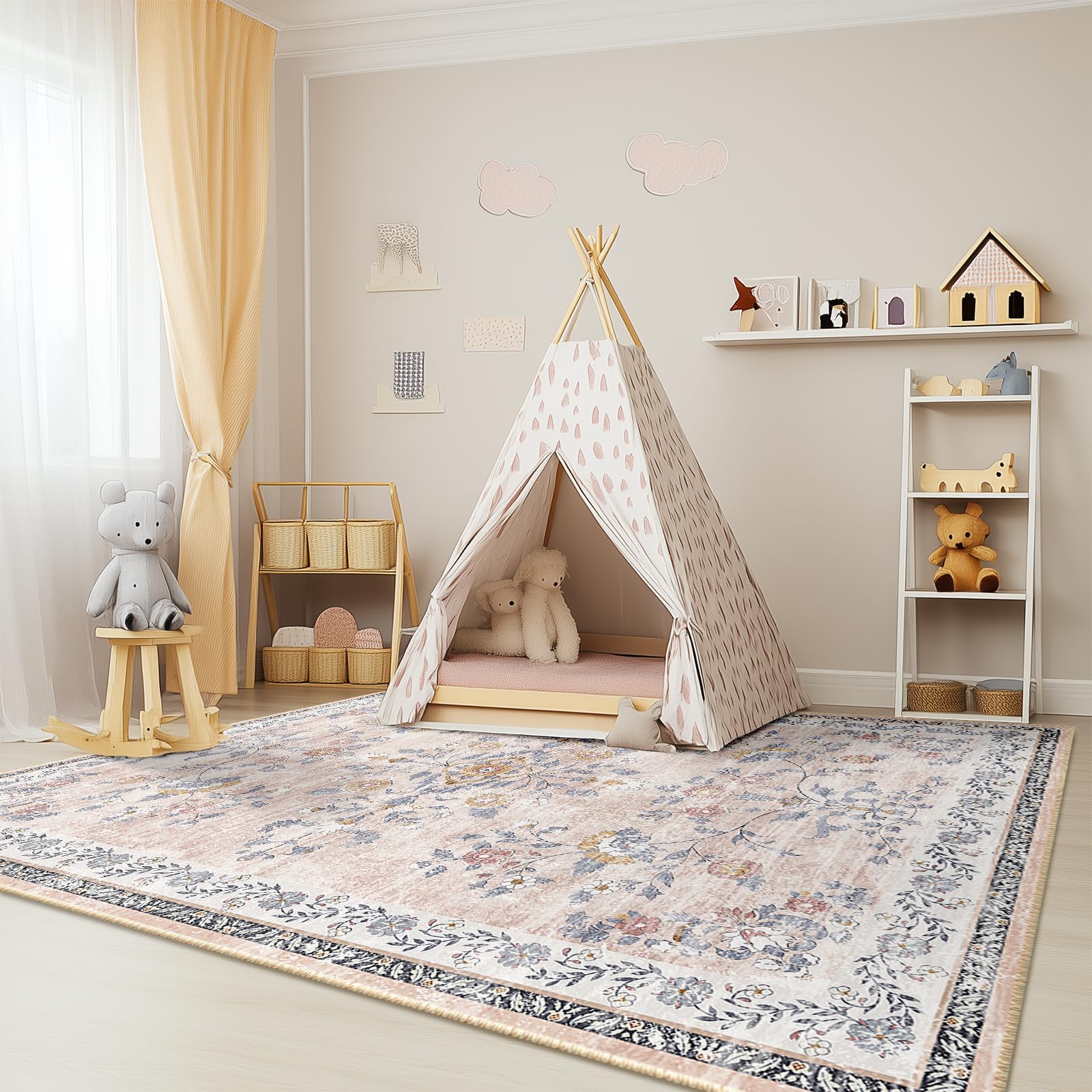 Photo 1 of RELEANY Area Rug 6x9, Vintage Floral Distress Print Pattern, Washable Non-Slip Low-Pile Indoor Carpet for Bedroom, Living Room, Dining Room & Entryway, Pink Purple