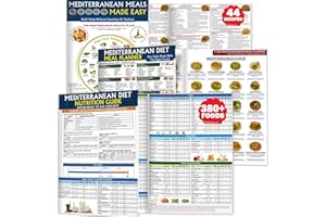 NONLAE 3 Mediterranean Diet Charts - Food List, Easy Meal Plan & Recipes, Beginner Guide with Serving Sizes, Net Carbs, Calories, Mediterranean Diet for Weight Loss, Diabetes - Friendly, Heart Health