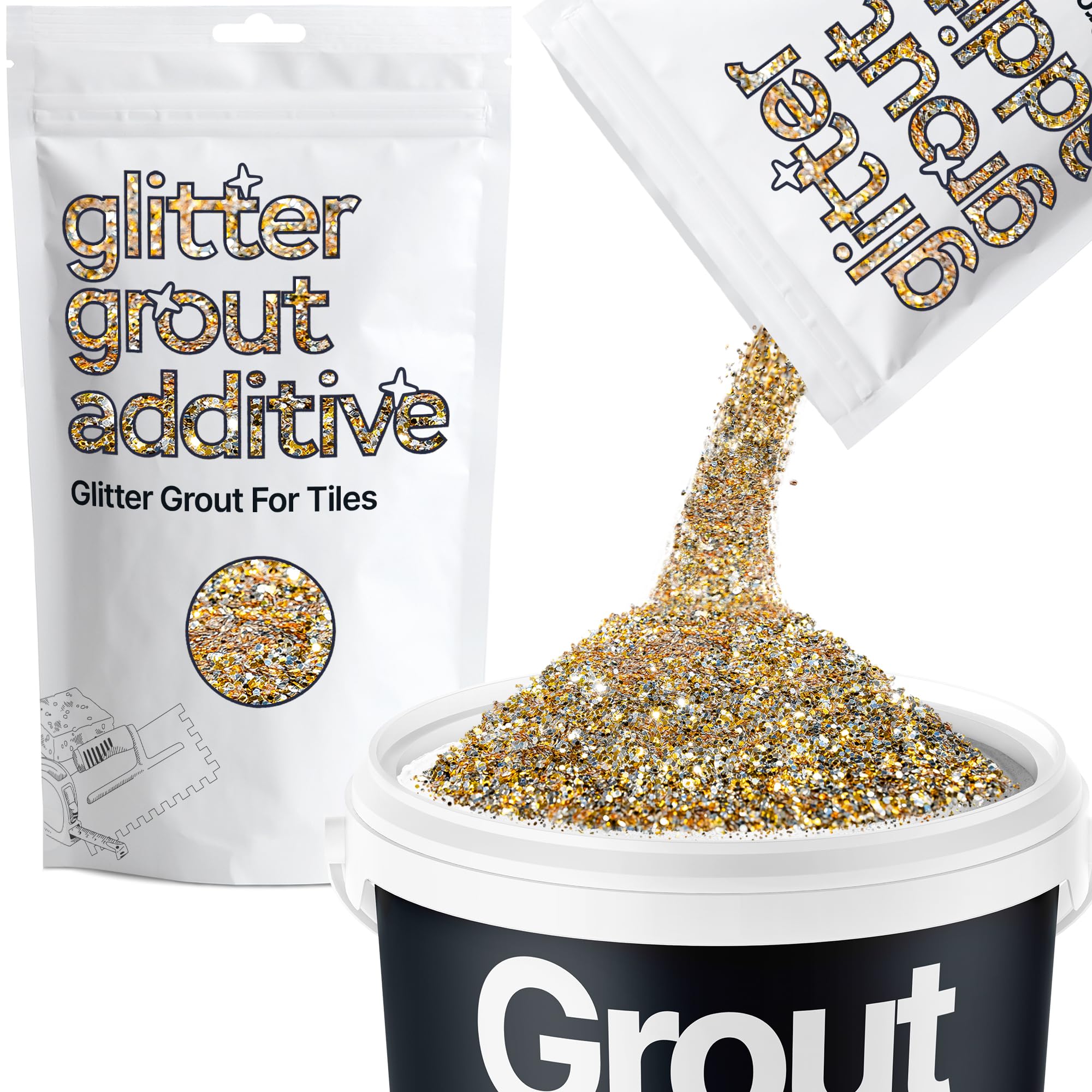 Hemway Gold Silver Glitter Grout Additive 100g Metallic Flakes for Adding Sparkle to Kitchen & Bathroom Tiles | Enhance Your Indoor Grouting Projects with a Durable Sparkly Effect