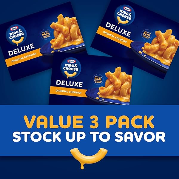 KRAFT DELUXE MAC AND CHEESE, 3 BOXES, FOR EASY DINNER OR DINNER SIDES, ORIGINAL CHEDDAR FLAVOR, NO ARTIFICIAL FLAVORS OR DYES, 14 OZ
