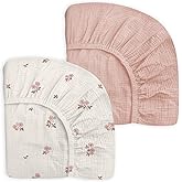 Pack and Play Sheets 2 Pack, Muslin Cotton Nursery Bedding, 27" x 39" | Soft Breathable Muslin Cotton, Fits Pack N Play Mattress, For Baby Boys and Girls, Vintage Blossom &amp; Pink