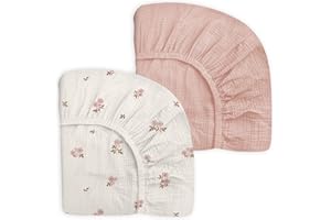 MEOWCARDS Mini Crib Sheets for Baby Boy Girl 2 Pack, Neutral Mini Crib Mattress Sheet 24" x 38", Muslin Nursery Bedding Soft and Breathable Comfort (Vintage Blossom & Pink)