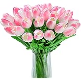 AWARDSEN 20pcs Pink Tulips Artificial Flowers Fake Silk Tulips Real Touch Flowers for Spring Kitchen Wedding Home Decor Arrangements Easter Decor 14 Inch