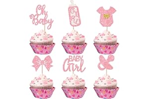 YCTHUNFISH 24 Pack It's a Girl Cupcake Toppers Glitter Pacifier Onesie Jumpsuit Bow Gender Reveal Cupcake Picks Welcome Baby Shower Cake Decorations for Baby Girl Birthday Theme Party Supplies Pink