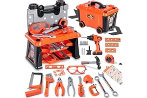 REXBETI Kids Tool Set with Tool Box and Electronic Toy Drill, Pretend Play Kids Construction Kits, Toddler Tool Set, Birthday Gifts for Kids Ages 3-8 Years Old