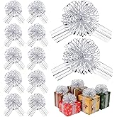 Poen 12 Pcs Large Pull Bows for Gift Wrapping 8" Silver Ribbon Pull Bows Gift Bow for Presents Wedding Baskets Wrapping Boxes Wine Bottles Flower Holiday Decorations