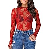 Avidlove Women's Mesh Top Long Sleeve Mock Neck Sheer Blouse See Through Floral Lace Tops