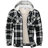 Rdruko Men's Flannel Plaid Shirt Jacket with Hood Sherpa Lined Zip Up Winter Warm Coats