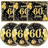 MMOONN 60th Birthday Paper Plates and Napkins,Black and Gold 60th Birthday Decorations Disposable Tableware Dessert Plates and Napkins Party Supplies for Men Women Service 16