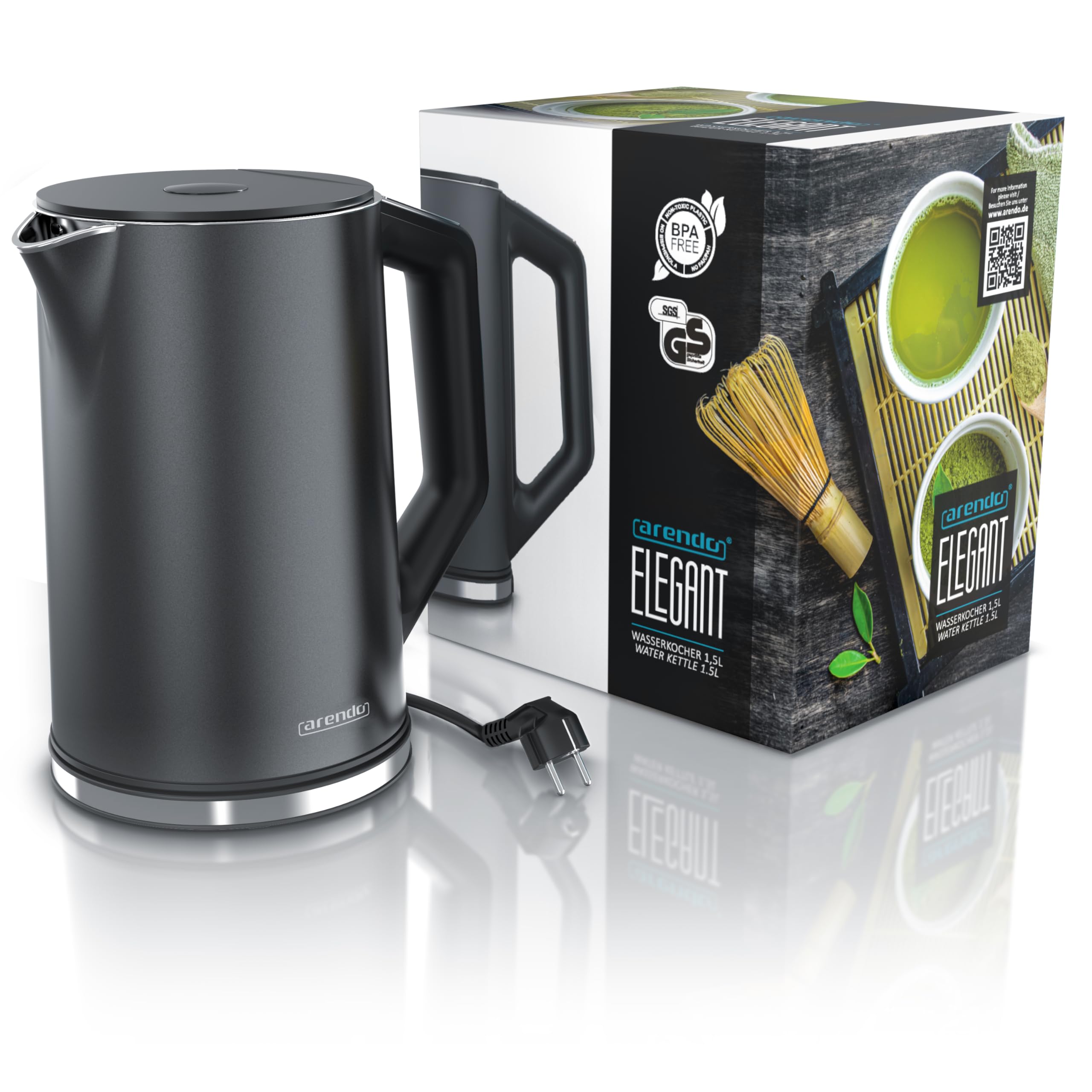 Arendo - Edelstahl Wasserkocher mit Temperatureinstellung 40-100 Grad in 5er Schritten - Doppelwand Design - Modell ELEGANT - 1,5 Liter - 2200 W - Teekocher mit Temperaturanzeige - GS - Pearl Grey 7