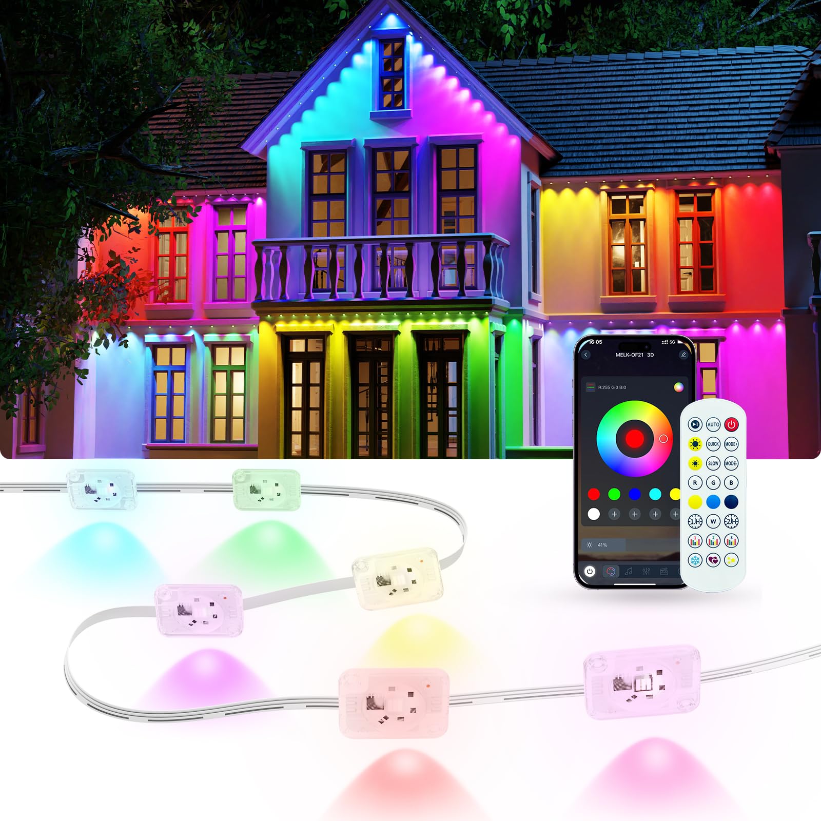 Photo 1 of Permanent Outdoor Lights for House, 100ft Smart RGB LED Eave Lights Outdoor Decor with App/Remote Control, IP67 Waterproof Lighting with Multi Scene Modes for Christmas, Daily, Party, Holiday