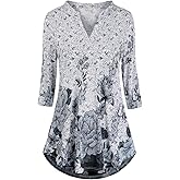 BAISHENGGT 3/4 Sleeve Tops for Women Notch V Neck Floral Work Blouses Dressy Casual Loose Fit Going Out Tunic Tops