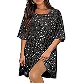 HYLLGUD Women Sequin Dress Sparkly Giltter Round Neck Short Sleeve A-Line Loose Swing Tunic Dress Disco Party Concert