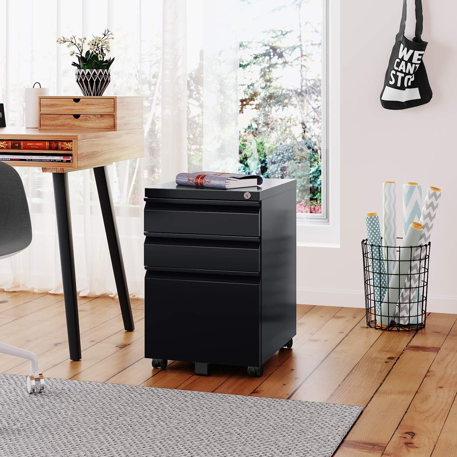 DEVAISE 3 Drawer Mobile File Cabinet with Lock, Metal Filing Cabinet Legal/Letter Size, Fully Assembled Except Wheels, White : Office Products
