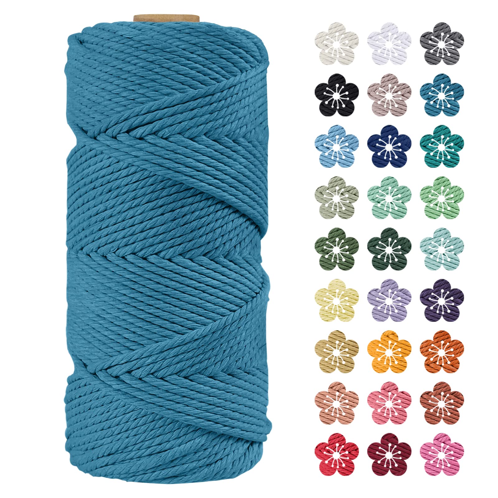 LEREATI Macrame Cord 4mm x 100m, Thick Macrame Rope Natural Cotton Rope Craft String, 4 Strand Twisted Cotton Cord Yarn for DIY Plant Hanger, Wall Hanging, Christmas Decoration (Lake blue)