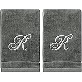Monogrammed Towels Fingertip, Personalized Gift, 11 x 18 Inches - Set of 2- Silver Embroidered Towel - Extra Absorbent 100% Cotton- Soft Velour Finish - For Bathroom/ Kitchen/ Spa- Initial R (Gray)