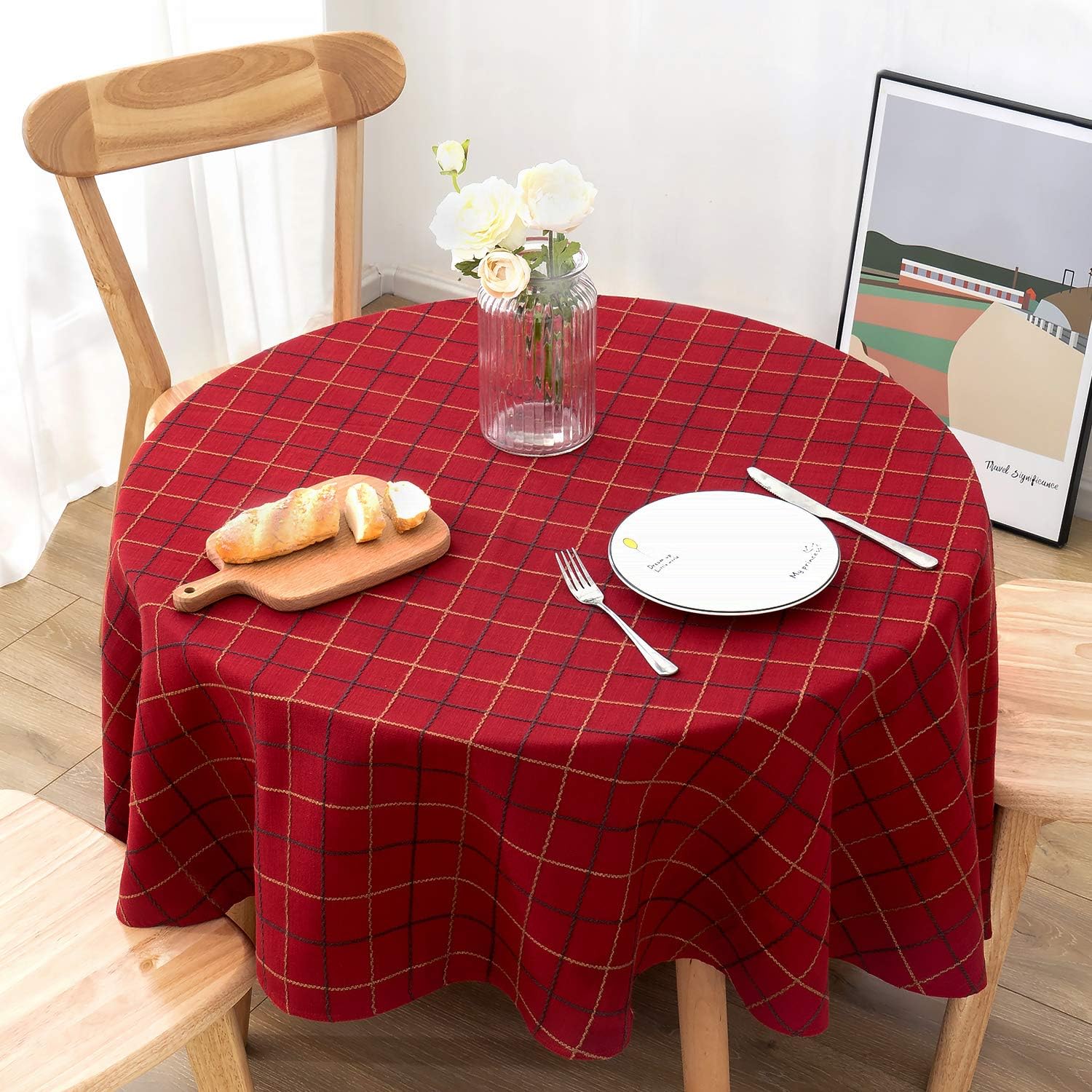joybest Tablecloths, Rectangle Table Cloth Cotton Linen Wrinkle Free Stitching Lattice Washable Tablecloths Dust-Proof Table Cover for Party Kitchen Dinning (Round, 70 Inch, Red): Kitchen & Dining