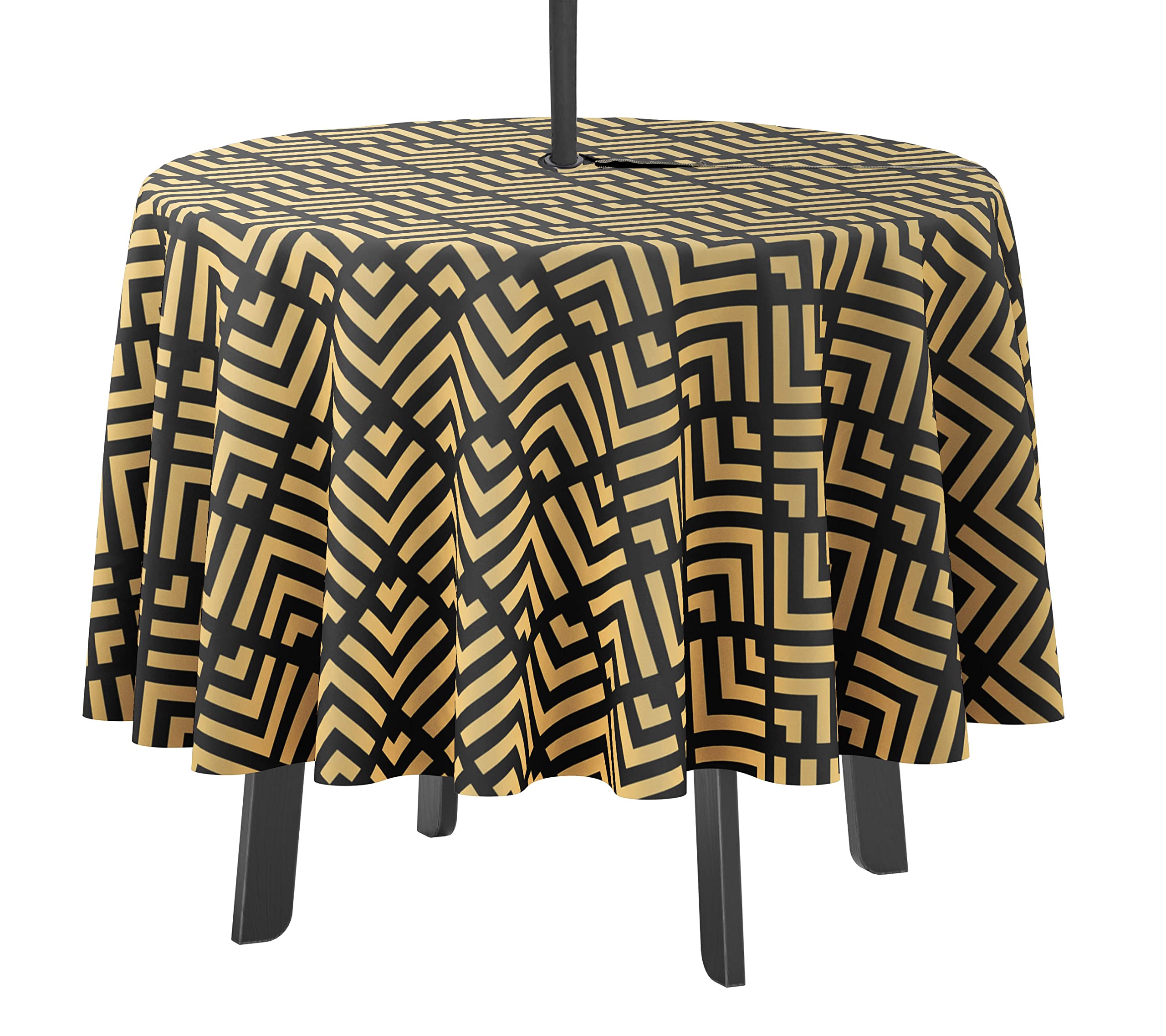 Vargottam Indoor/Outdoor Round Tablecloth 58 Inch Tablecloth With Umbrella Hole & Zip, Waterproof Table Cloth, Table Covers For Backyard Table - Beige & Black