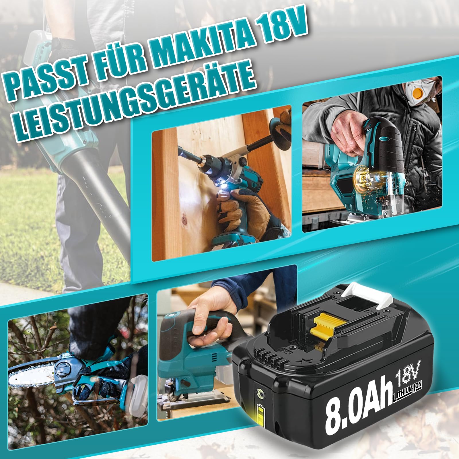 2 Stück 18V 8,0Ah Ersatzakku für Makita Akku 18V BL1860B BL1830 BL1850 BL1845 BL1840 BL1860 Li-Ion Kompatibel mit Makita Akku Elektrowerkzeugen und Ladegeräten mit LED-Anzeiger (8.0-2PACK) 7