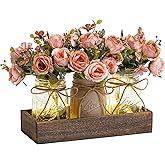 DUOER 3 Pcs Mason Jar Centerpiece Table Decorations for Dining Table Decor Farmhouse Coffee Table Decor with Wood Tray and Led Light Table Centerpieces for Dining Room Kitchen Living Bathroom,Pink