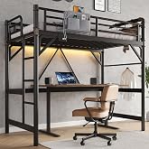 Twin Size Loft Bed with LED Lights and Charging Station, Industrial Heavy Duty Metal Loft Bed Frame with Ladder and Guardrail for Kids Adults, Small Space Saving Design for Bedroom Dorm, Vintage Brown