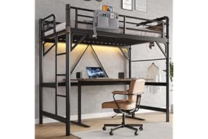 JOCOEVOL Twin Size Loft Bed with LED Lights and Charging Station, Industrial Heavy Duty Metal Loft Bed Frame with Ladder and Guardrail for Kids Adults, Small Space Saving Design for Bedroom Dorm, Vintage Brown