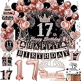 Rose Gold 17th Birthday Decor Kit for Girls - Backdrop, Sparkle Crown Sash, Happy Birthday Banner, Cake Topper, 17 Number Balloons & Swirl Decorations - 70pcs (Rose17)