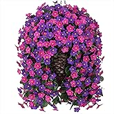Artificial Fake Hanging Flowers with Basket for Outdoor Decoration,UV Resistant Faux Silk Daisy Flowers Dark Purple and Fuchsia Orchid Vines in Planter Realistic Hanging Baskets for Home Porch Garden