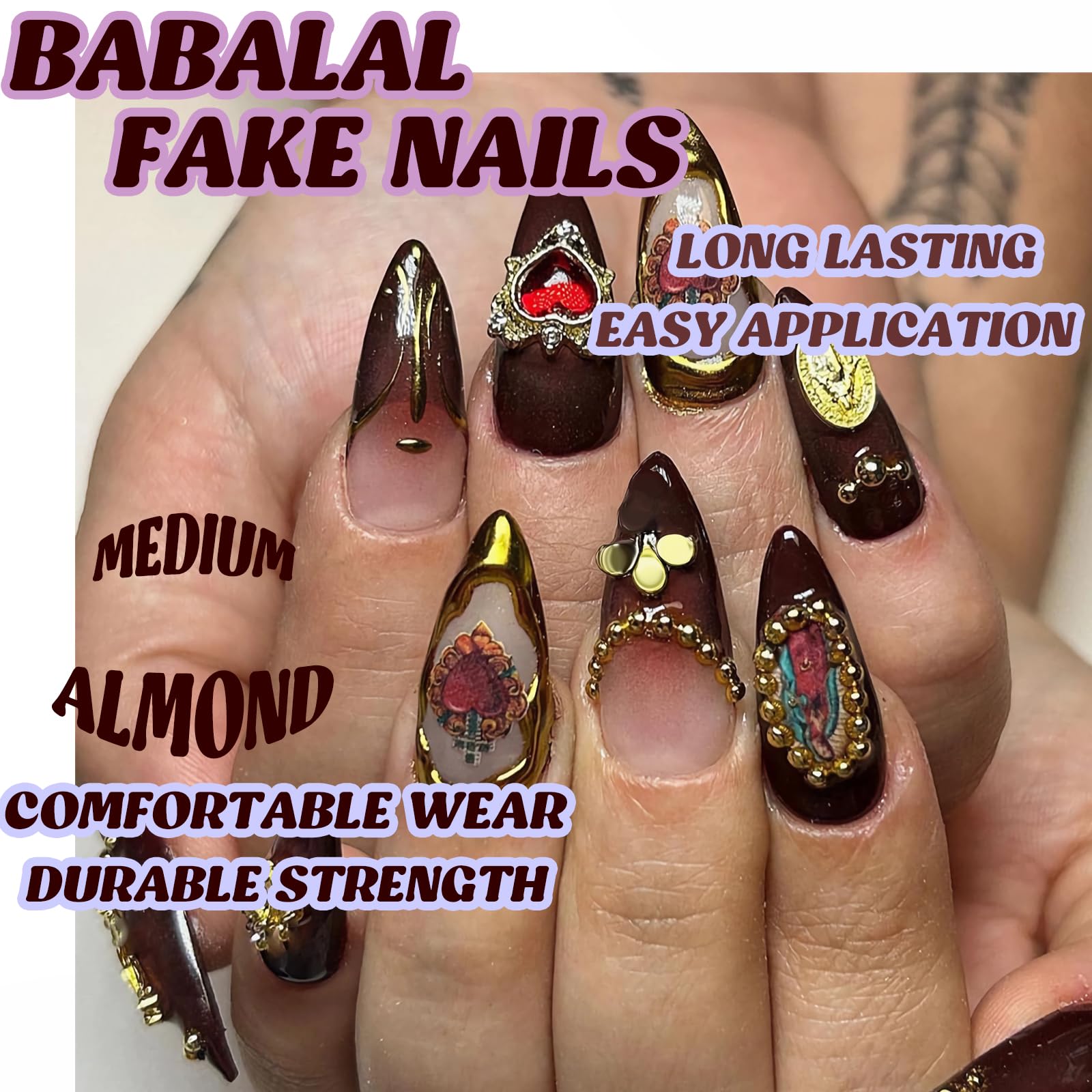 BABALAL Almond Press on Nails Medium Fake Nails Brown Fall Glue on Nails Golden Chrome Baroque Art Acrylic Nails 3d Heart Charm Metallic Ball Design Stiletto Manicure Stick on False Nails - Image 6