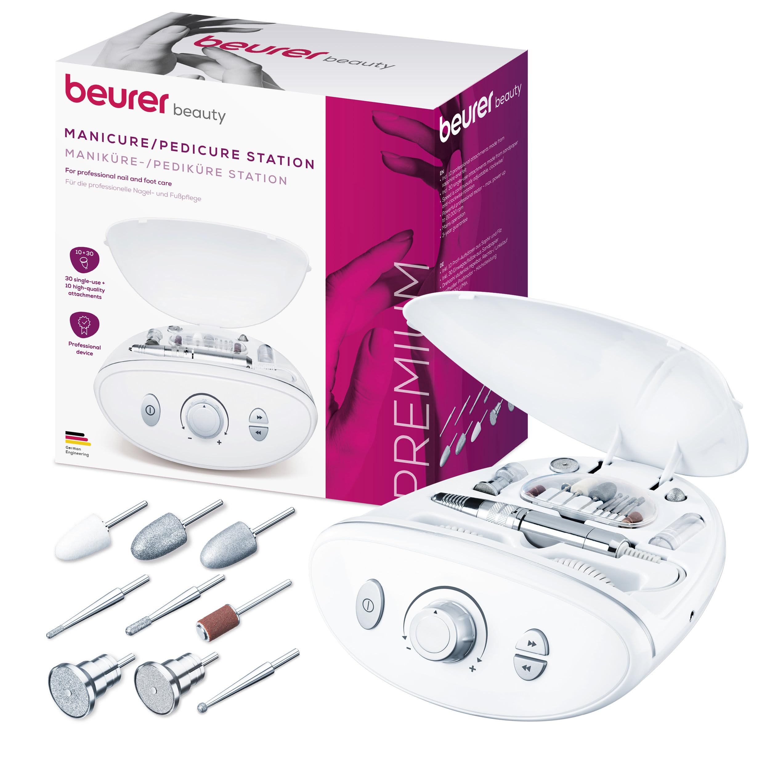 Beurer MP 100 electric manicure/pedicure professional station, 10 sapphire and felt attachments, nail dust protection cap, up to 22,000 revolutions per minute, 41-piece set