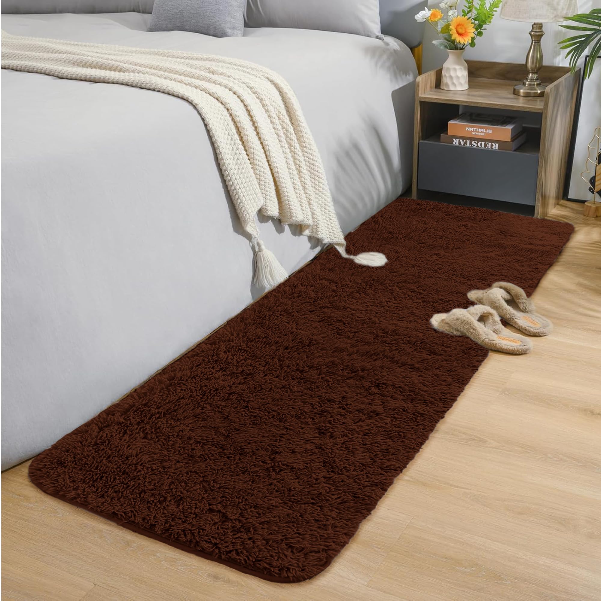 Oxford Homeware Rugs Living Room – Fluffy Brown Area Rugs for Bedroom, Hallway Runner Rug 60 x 220 cm Anti Slip – Modern Soft Rug Washable Floor Carpets