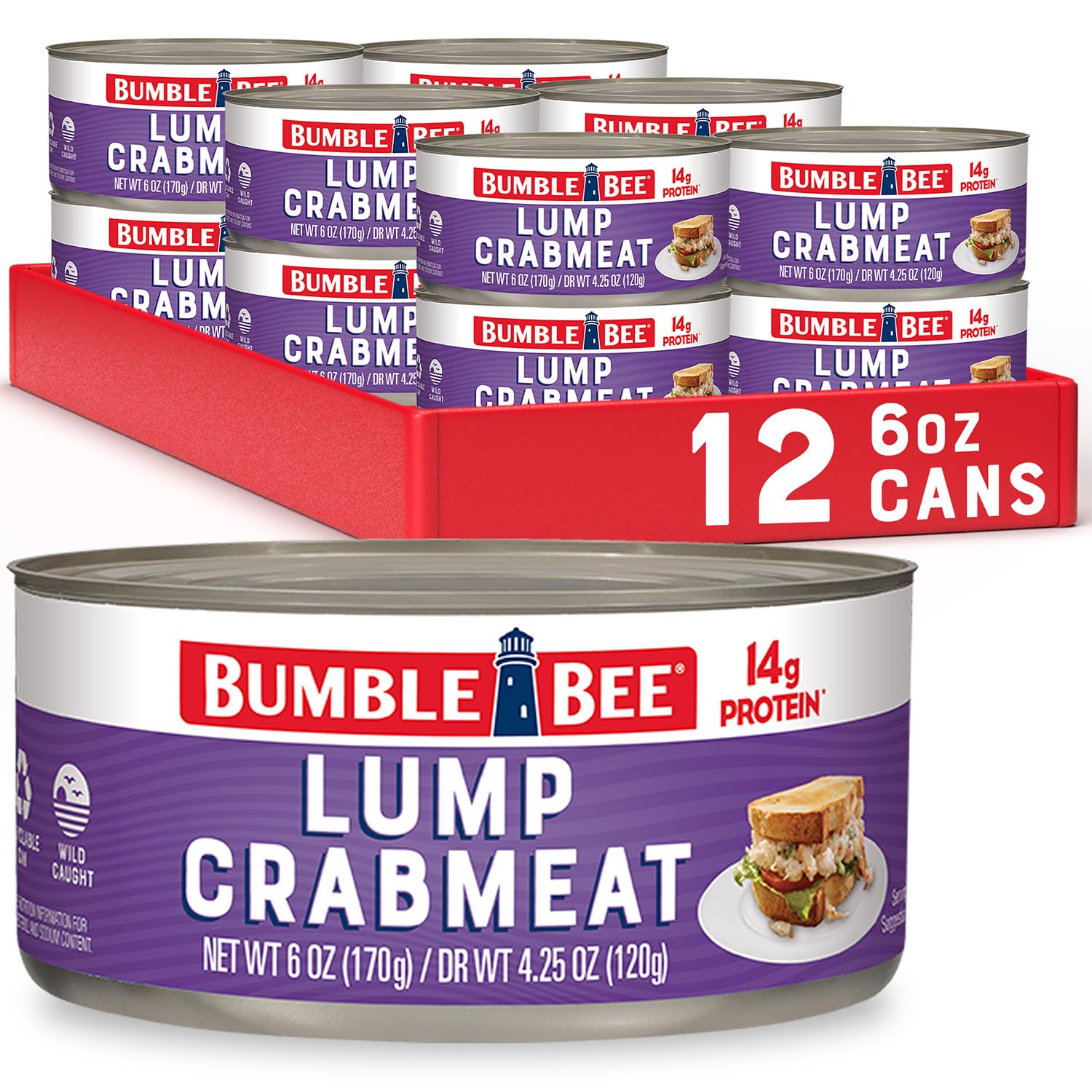 Bumble Bee Lump Crab Meat, 6 oz Can (Pack of 12) – 14g Protein & 1g Carb Per Serving – Wild Caught, Small Chunks, Drain Before Use – Packaging May Vary