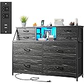 Romorgniz Dresser for Bedroom with Power Strip & LED, 8 Drawers Dresser with Extra 2 Open Shelves for Organization, Small Che