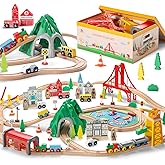 SainSmart Jr. 114PCS Wooden Train Set with Storage Box, Wood Train Track Set Compatible with Major Brands, Expandable Train Toys for 3-7 Years Old Girls &amp; Boys, Great Birthday