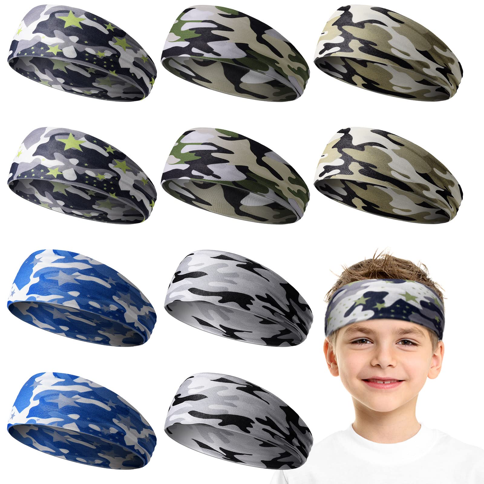 Photo 1 of 10 Pieces Boys Athletic Sweatbands - 16 inch Elastic Wicking Headbands, Hair Bands & Soft Head Wraps for Sports and Activities (Camouflage Style)
