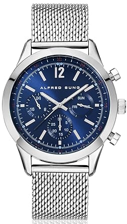 Alfred Sung Oculus As1001Sm-2B Mens Stainless Steel Silver Mesh Band Multi-Functional Blue Dial Analog Waterproof...
