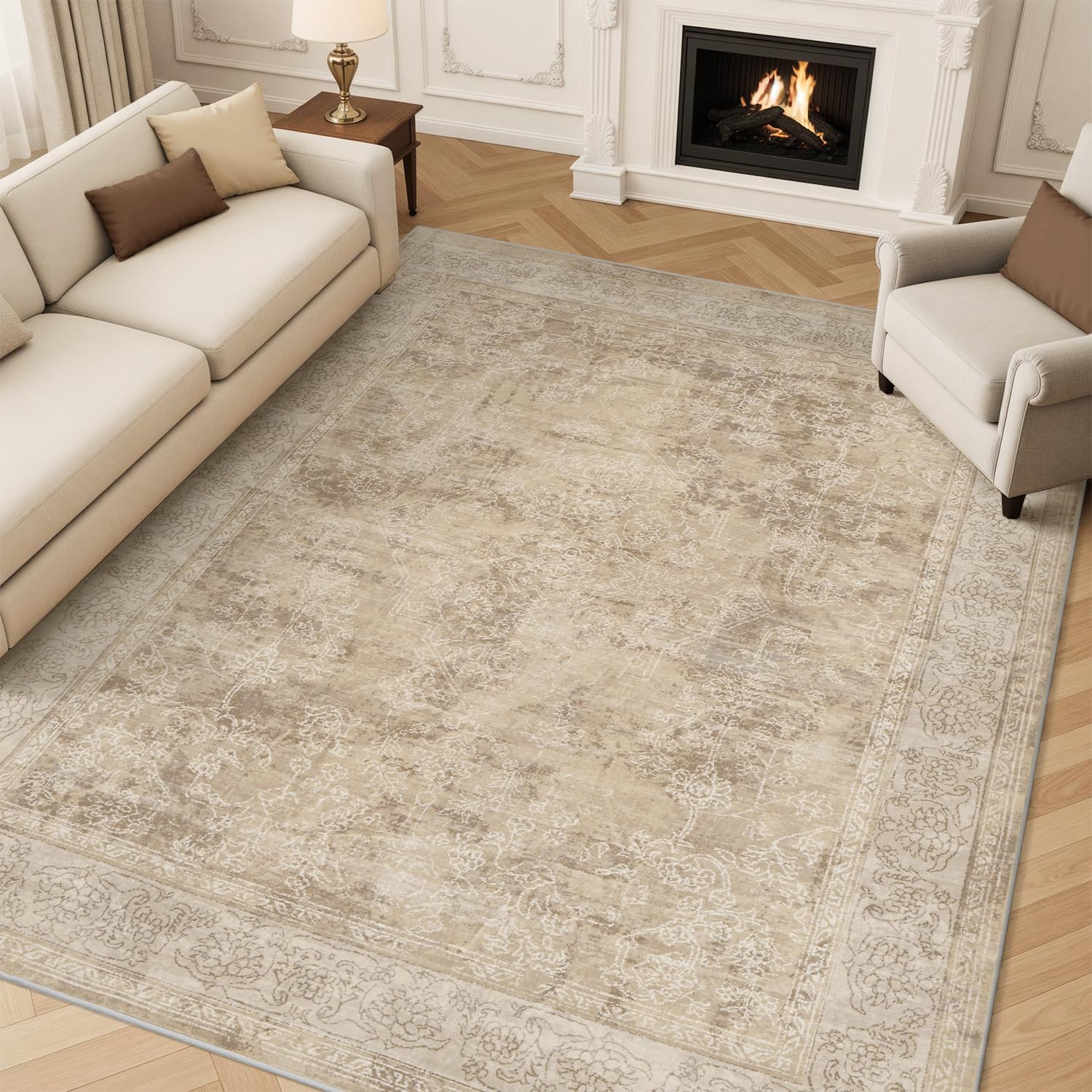 Photo 1 of MontVoo Vintage Coffee & Tan Area Rug - 5x7, Soft, Machine Washable, Non-Slip Bedroom, Dining Room, Office