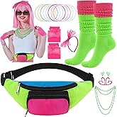 Fingertip WD 80s Costume Accessories Set, Neon Retro Fanny Pack Hairband Fishnet Slouch Socks for Party Halloween