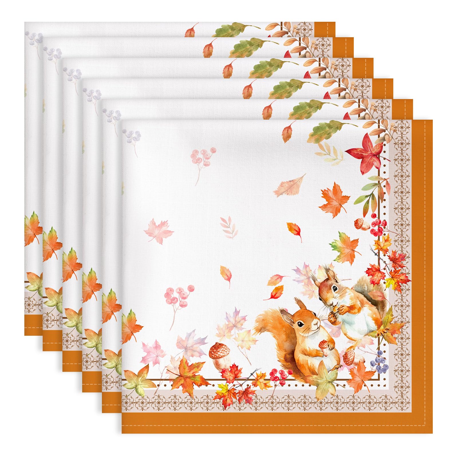 Arquiel Fall Leaf Squirrels Print Cloth Napkins 100% Cotton, 18" X 18" Dinner Napkins Cloth Set, Washable Napkins for Home, Kitchen, Dinner, Party, Wedding, Cocktail, Set of 6