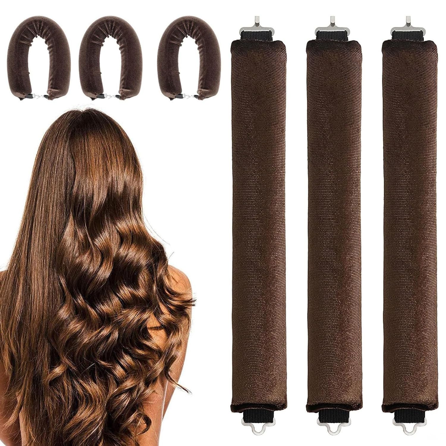 3 Pack Overnight Heatless Rods Curls Blowout Satin Flexi Rods for Overnight Heat Free Jumbo Curls No Heat Styling Tools Soft Hair Rollers for All Hair Type (Brown, One Size)