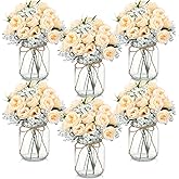 Ninehaoou 6 Sets Mason Jar Centerpiece Fake Flowers with Vase Silk Roses Artificial Flowers with Artificial Baby's Breath Bouquets, Centerpiece for Home, Table, Party(Champagne)