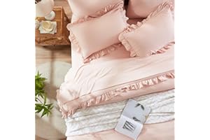 Anluoer Queen Comforter Set 7 Piece, Pink Bed in a Bag with Sheets, All Season Ruffle Shabby Chic Bedding Sets with 1 Comforter, 2 Pillow Shams, 2 Pillowcases, 1 Flat Sheet, 1 Fitted Sheet