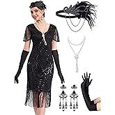 MTITE 1920s Dresses for Women, Great Gatsby Dresses Roaring 20s for women, Sheer Beaded Sleeves Costume with accessories