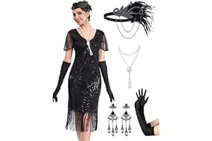 MTITE 1920s Dresses for Women, Great Gatsby Dresses Roaring 20s for women, Sheer Beaded Sleeves Costume with accessories