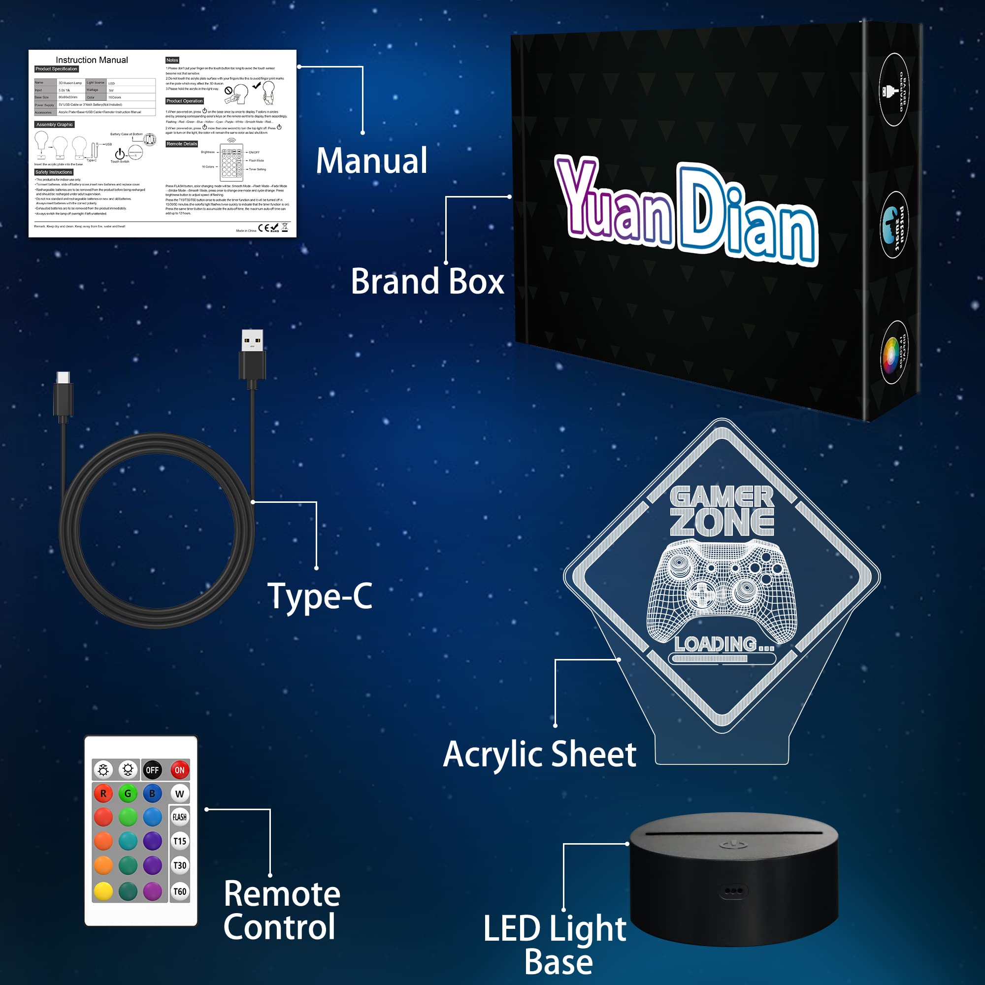 YuanDian Gamer Zone Nachtlicht, lustige 3D-Illusionslampe 16 Farben, die Fernbedienung und Timer-Gamepad-Grafik-Videospiele Gamer-Geschenk für Männer, Jugendliche und Kinder ändern 9