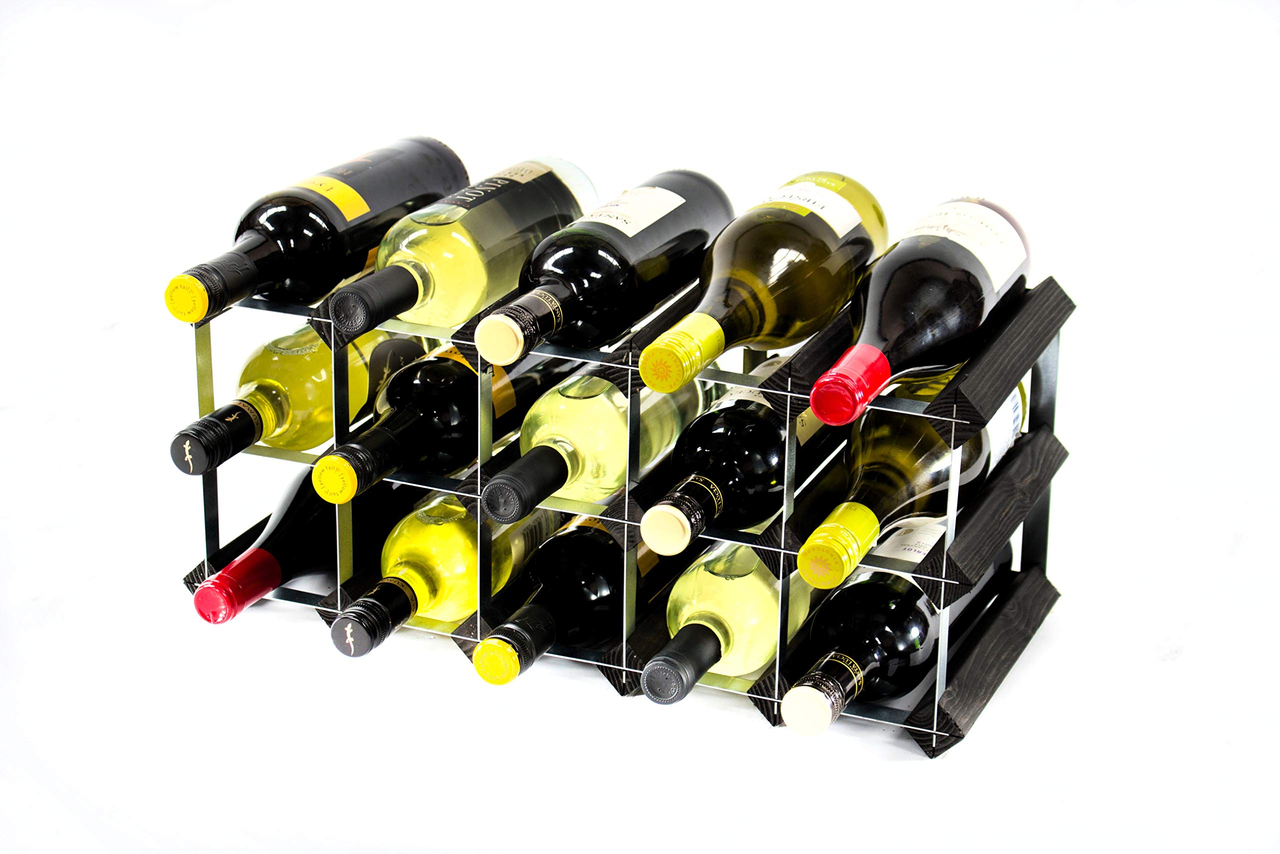 Classic 15 bottle black stained wood and galvanised metal wine rack ready assembled