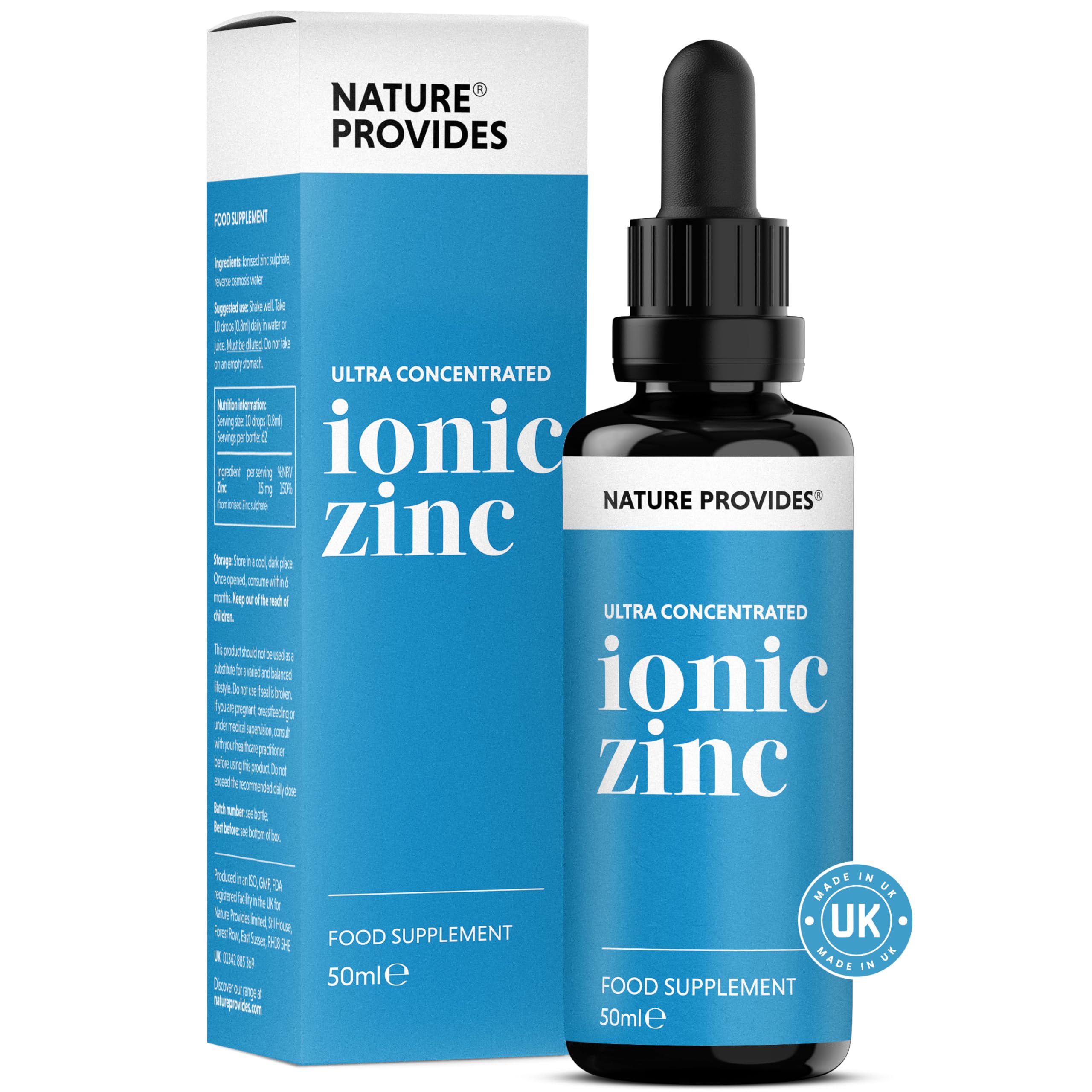 Ionic Zinc Sulphate Liquid Ultra Pure & Concentrated - 50ml, Immune & Fertility Support, Skin, Hair & Nails, Superior to Vimergy and Eidon, High Absorption, Made in UK by Nature Provides