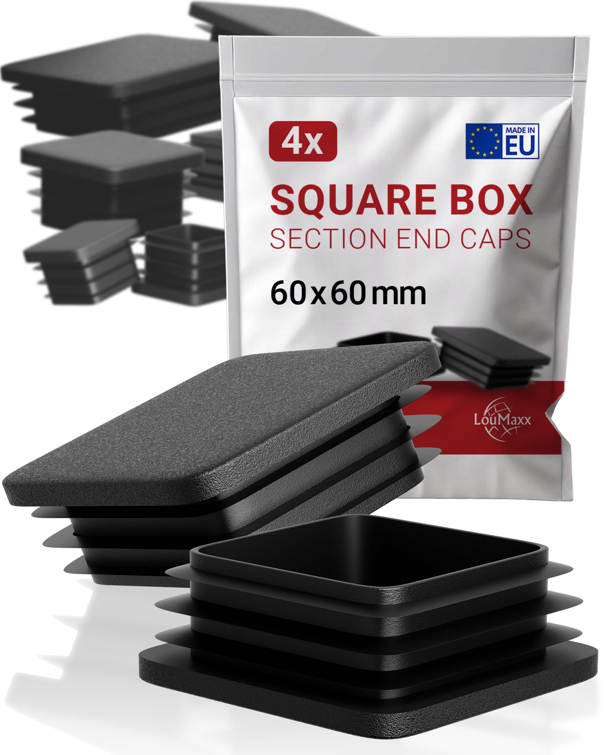 LouMaxx Lamellar Plugs 60 x 60 mm | Shaped Black Square Pipe Plug | Fence Post Caps Made of Robust Plastic for Perfect Protection